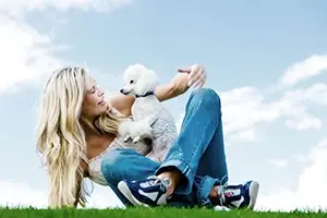 Person and Dog playing in the grass