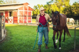 farmer leading horse